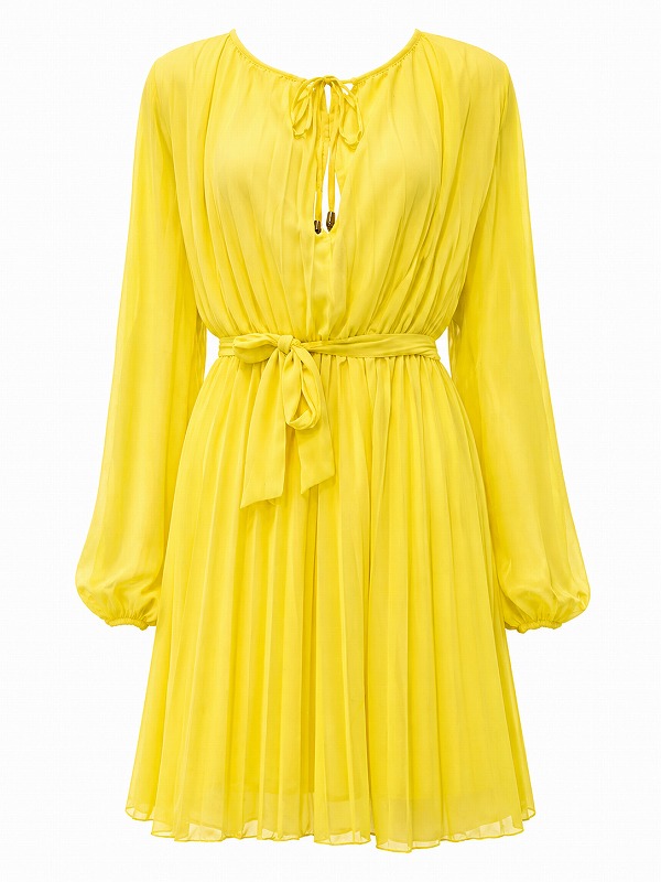 【新品DRESS 1029】フロントリボンバストカットプリーツフレアミニドレス イエロー【ViCoLo】